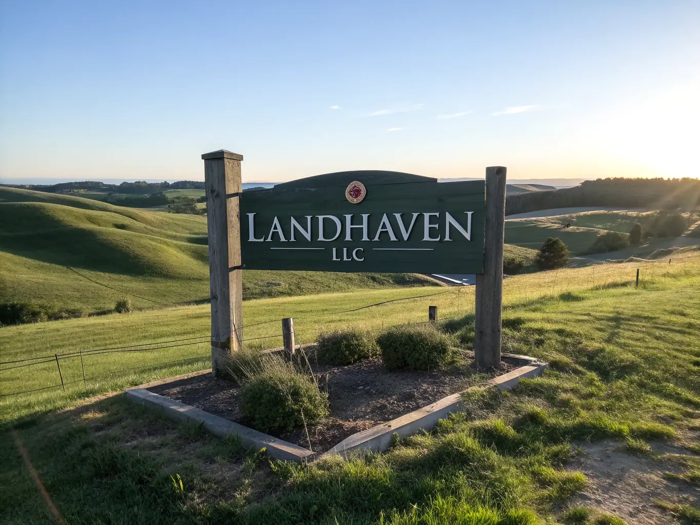 A serene landscape with a Landhaven LLC sign, symbolizing the start of a successful land sale journey.