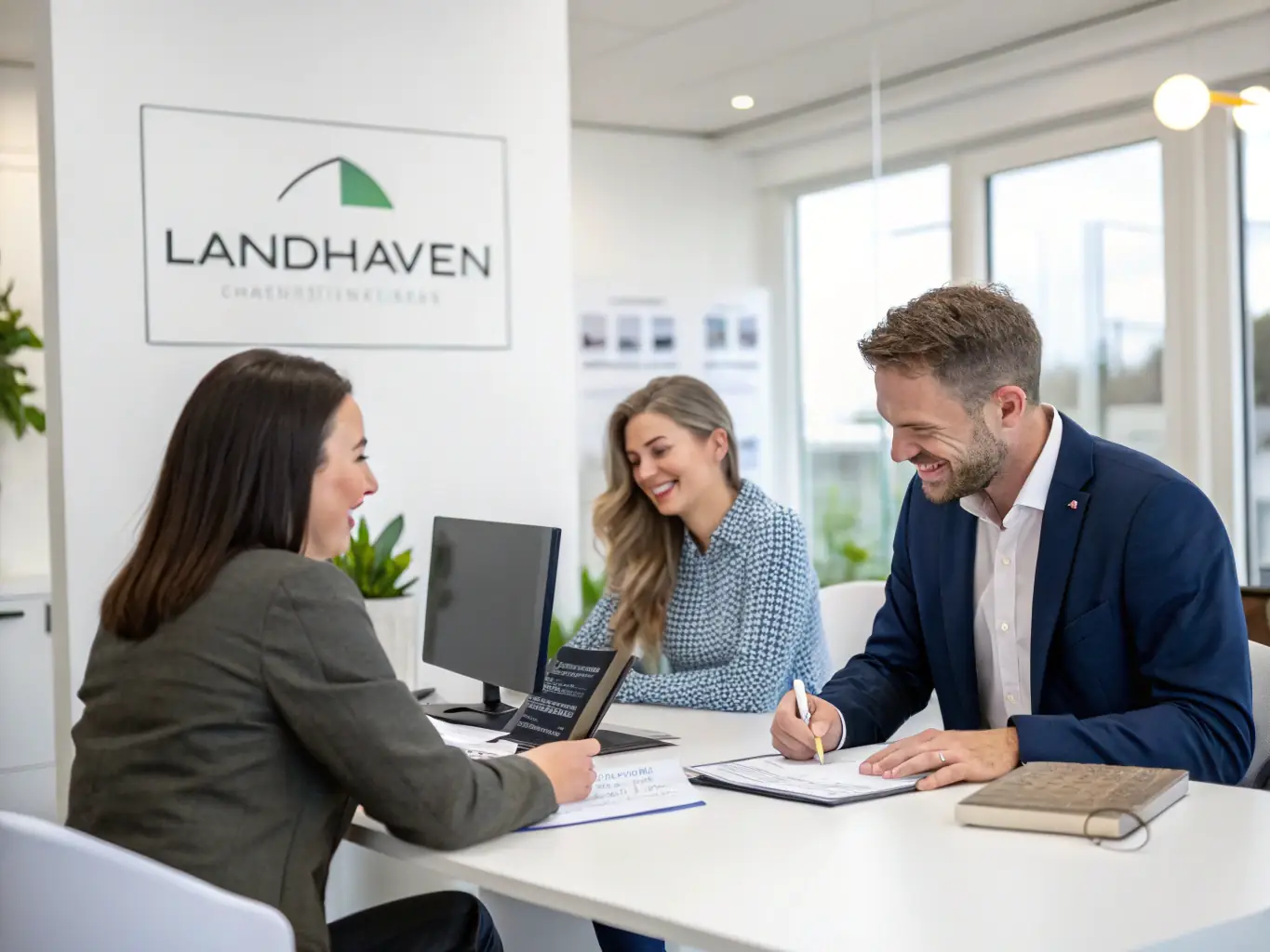 A Landhaven representative discussing land selling options with a client in a modern office.